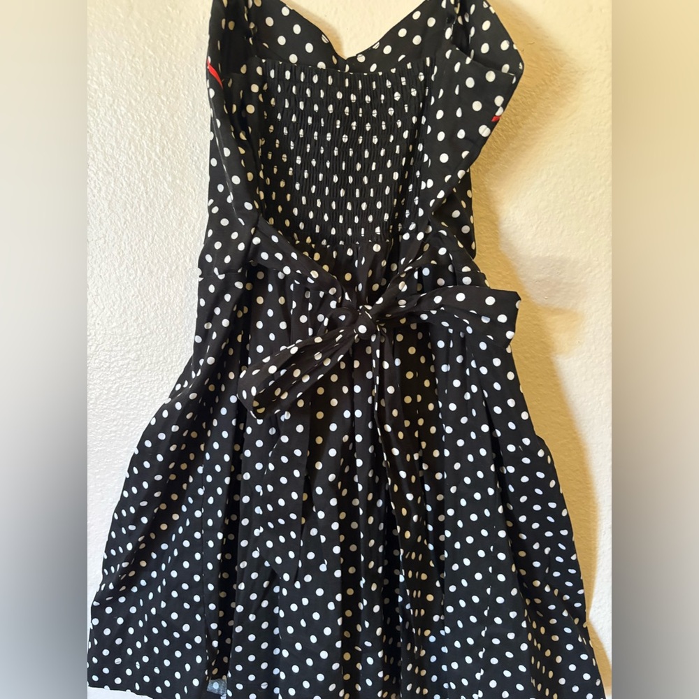 Cute Pinup Rockabilly Black and White Polka Dot A Line Dress with Red Trim - Picture 6 of 16